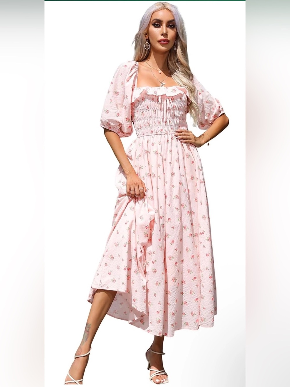 Smocked Puff Sleeve Maxi Dress Pink Floral Size M Cottage Boho Comfy